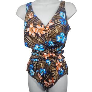 Lands' End SlenderSuit Wrap One Piece Swimsuit Deep Sea Navy Tropic Palm Size 12